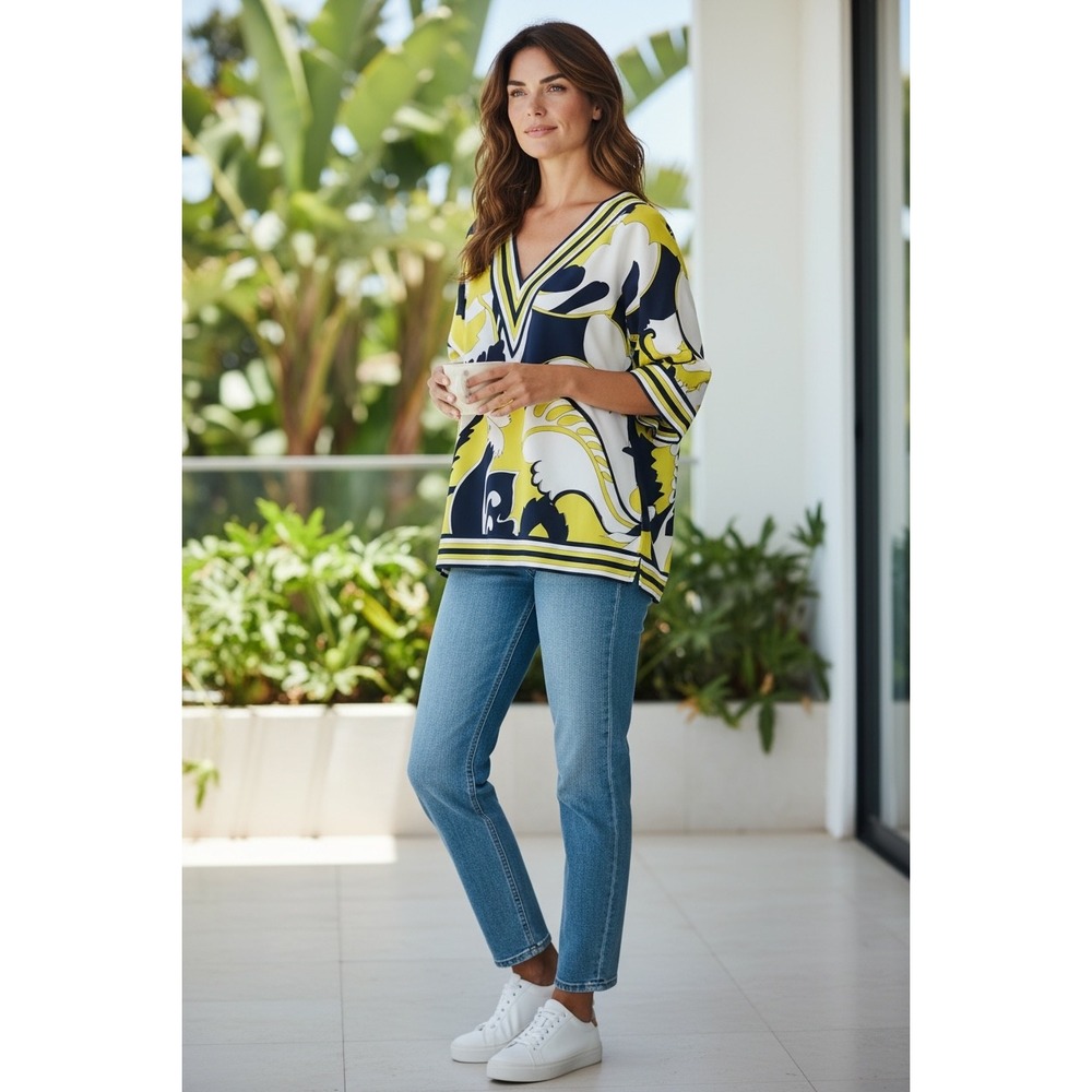 Trina Turk Womens Yellow Navy Abstract V-Neck‎ Tunic Top 3/4 Sleeve Retro Boho M